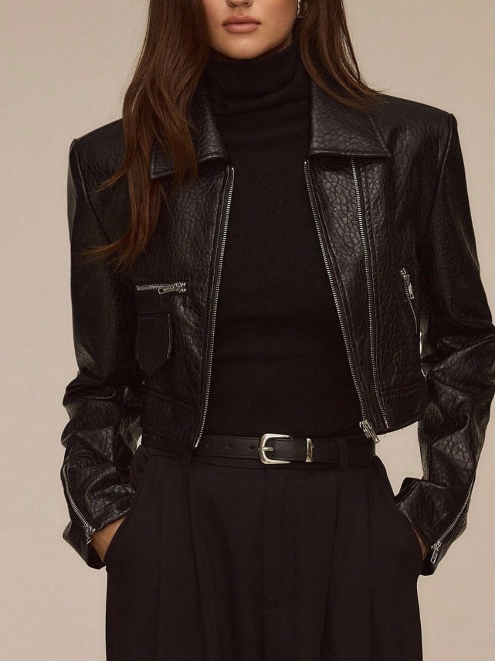 Black Casual Women's Faux Leather Jacket